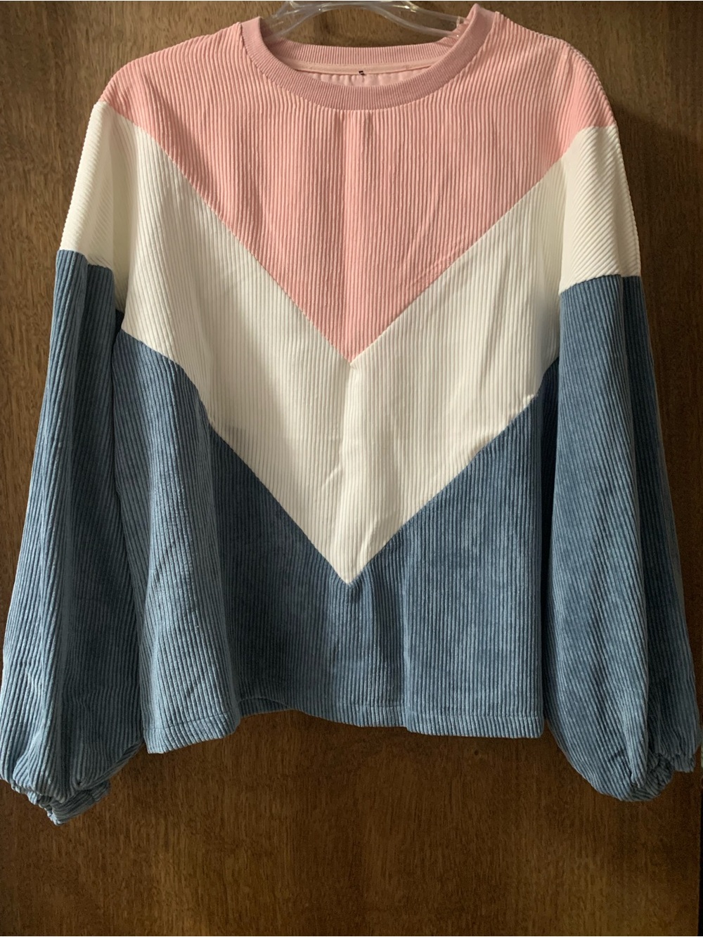 Romwe Loose Colorblock Corduroy Sweatshirt Pullover Top in Pink, White & Blue